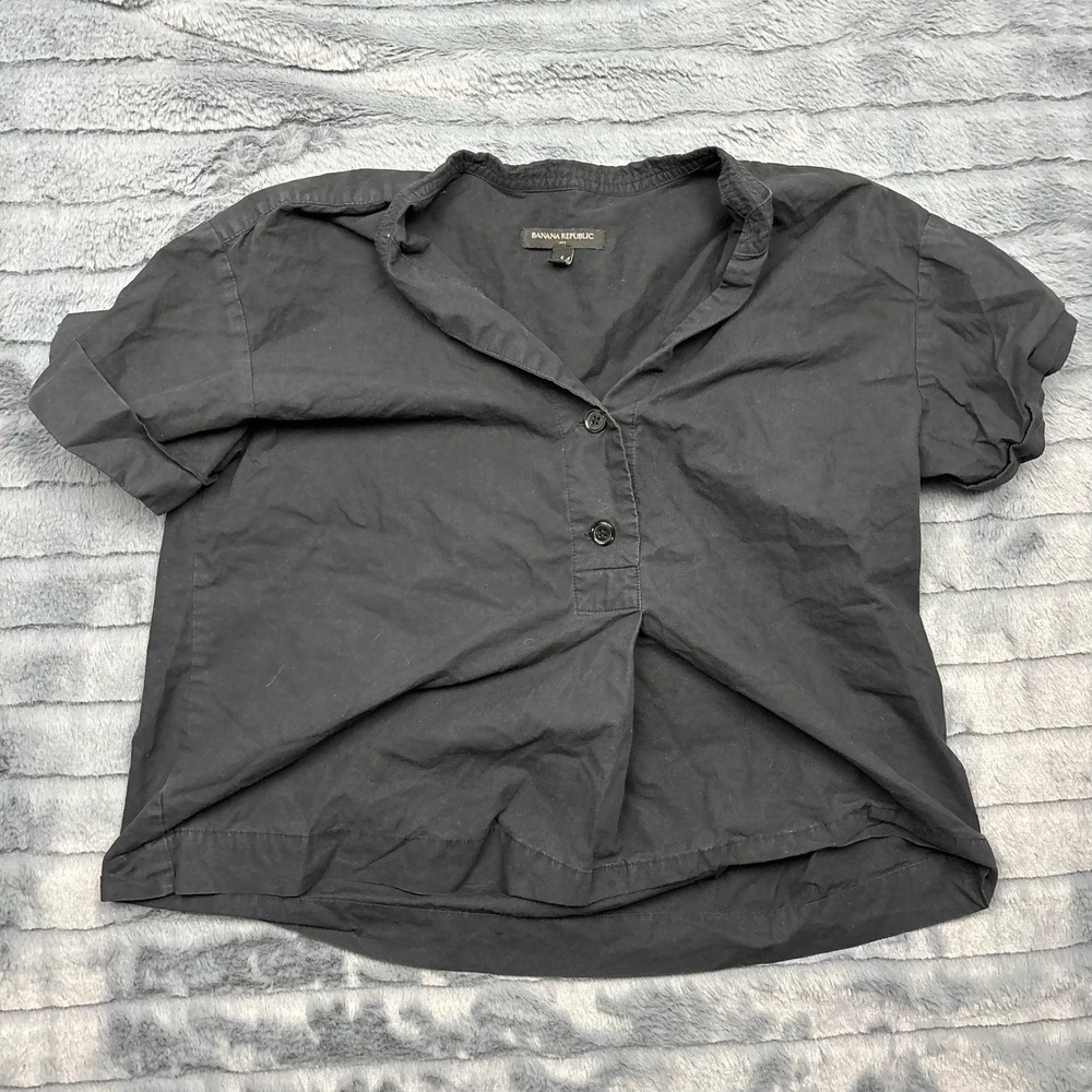 Banana Republic Womens Black Cotton Short Sleeve Boxy Pleated Back Blouse Small